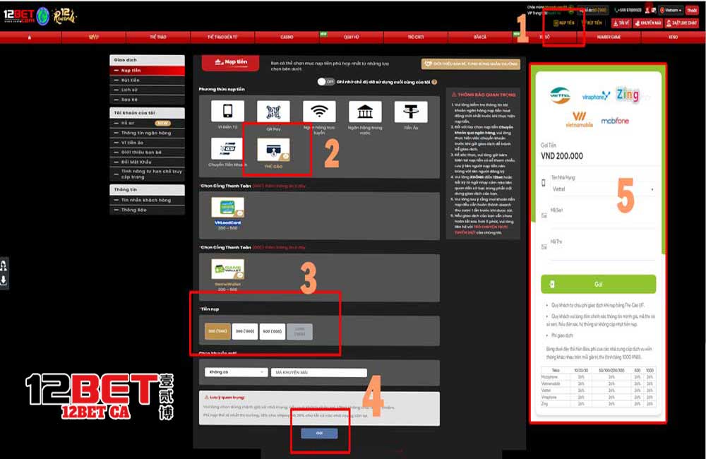 Các bước nạp tiền 12Bet với Thẻ Cào