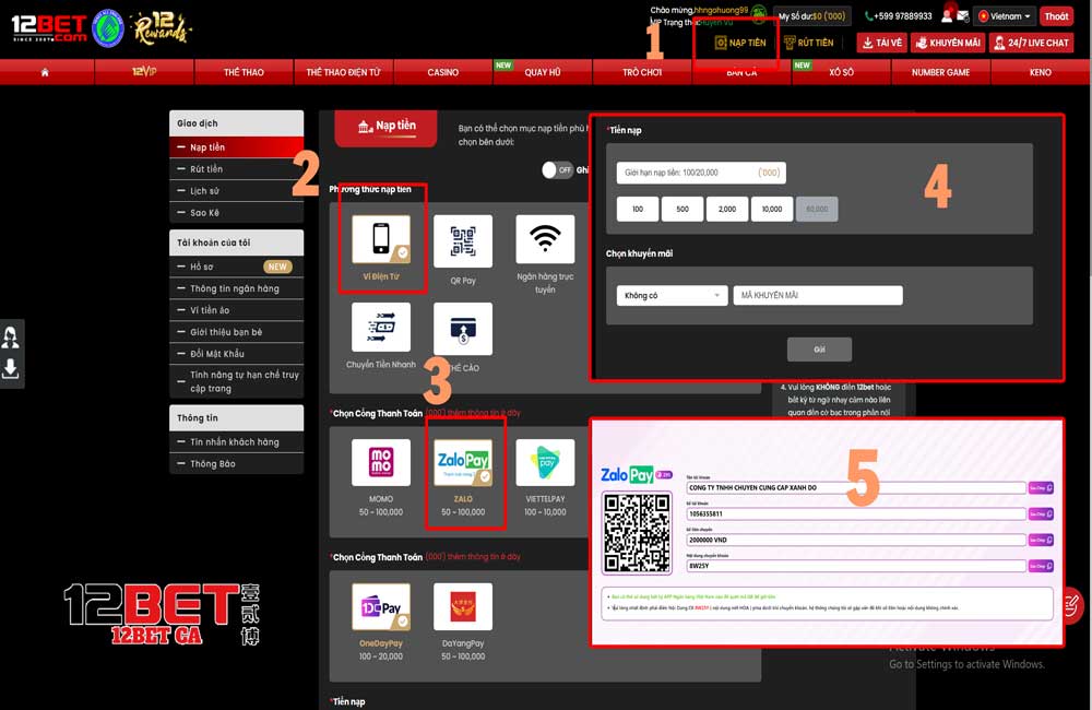 Các bước nạp tiền 12Bet với Ví Điện Tử
