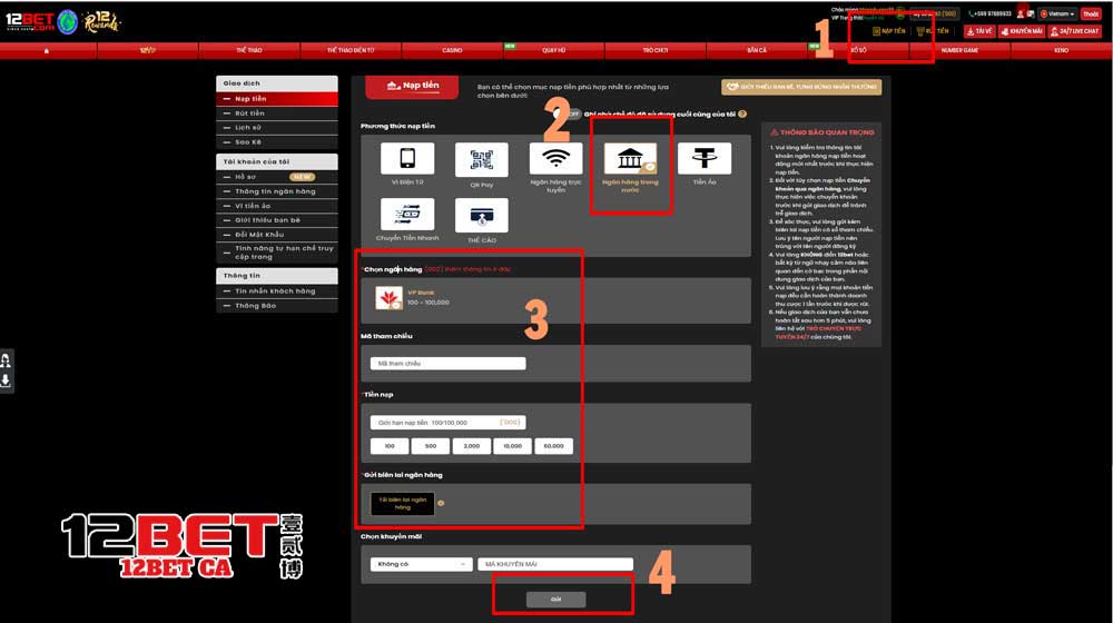 Nạp tiền 12Bet bằng chuyển khoản Ngân Hàng Trong Nước